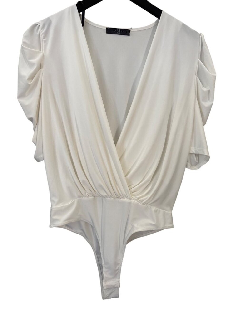 21 Saints Bodysuit Size Medium Faux Wrap Ruched Short Sleeve White Minimalist